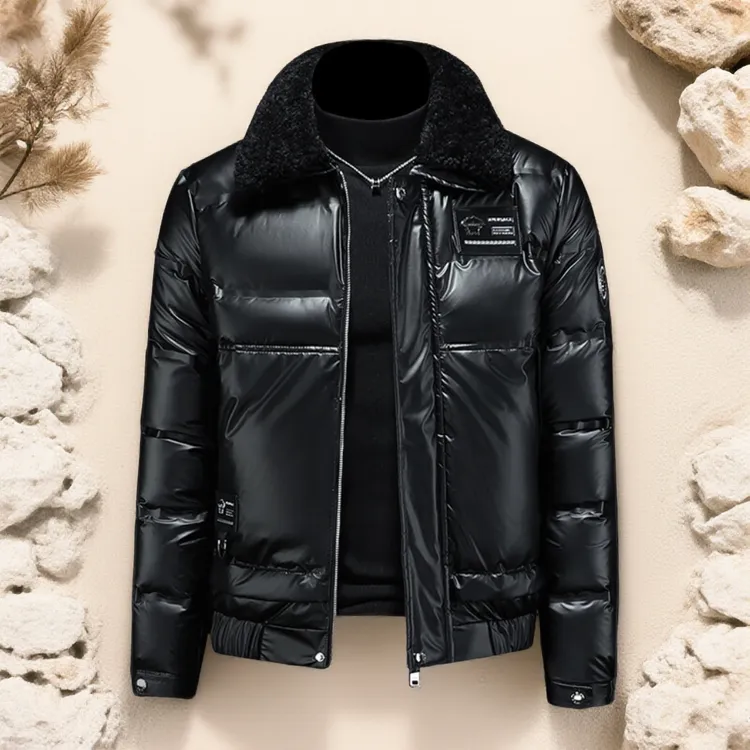诺顿雷斯可拆脱卸领毛领冬季白鸭绒亮面羽绒服男士加厚亮皮外套潮