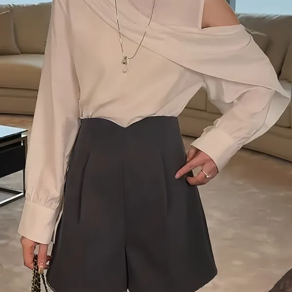 大码设计感小众露肩白色衬衫薄款女早秋胖mm宽松显瘦长袖别致上衣