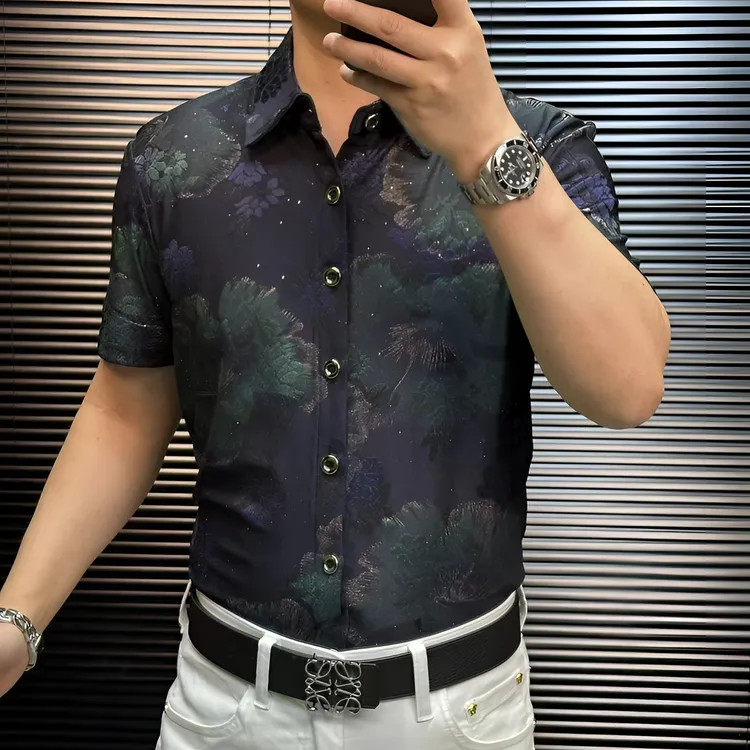 ST甄选25新款免烫高弹力高品质男士蓝莲花印花短袖纽扣衬衫2562