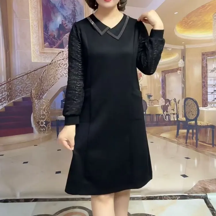 秋季时尚长袖百搭休闲连衣裙洋气宽松大码黑色气质双兜中长款裙子