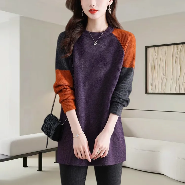 2025秋冬新款女大码中长款圆领毛衣拼色百搭针织内搭宽松显瘦上衣