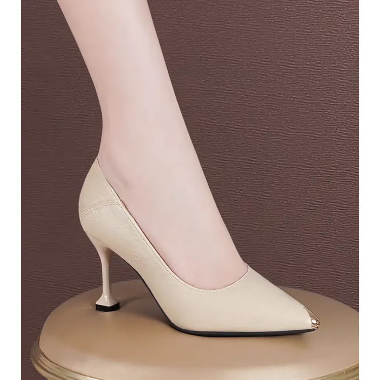 2024年软皮高跟女鞋尖头单鞋女气质时尚春新款细跟黑色百搭工作鞋