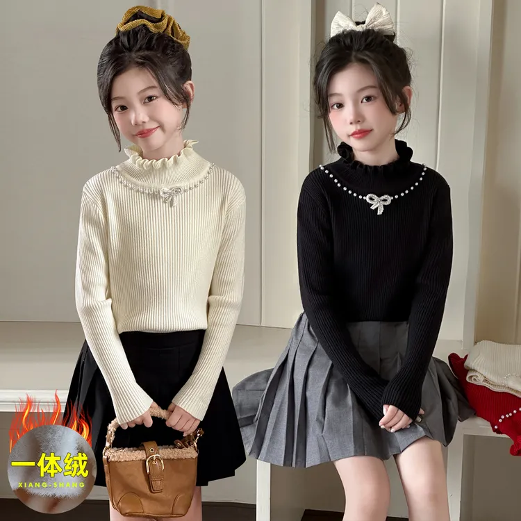 一体绒女童毛衣冬装洋气儿童花边半高领上衣蝴蝶结保暖内搭针织衫