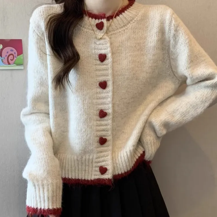 设计感拼色爱心纽扣毛衣开衫外套女春秋季慵懒风宽松软糯针织上衣