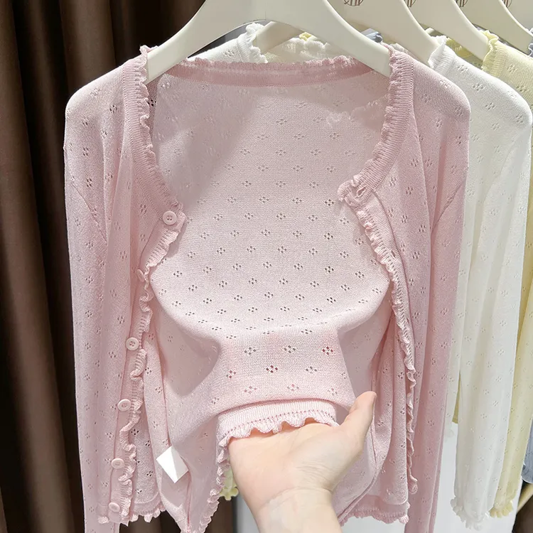 慵懒风宽松冰丝针织防晒开衫女披肩小外搭木耳边长袖上衣配吊带裙