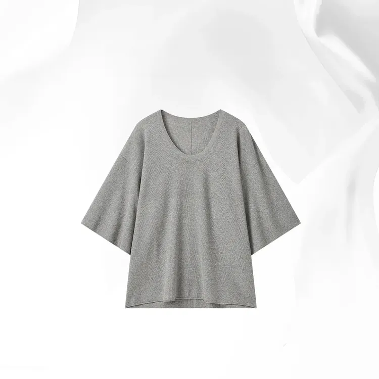 贝贝极简慵懒舒适百搭宽松半袖T恤休闲纯色U领灰色简约舒适棉上衣