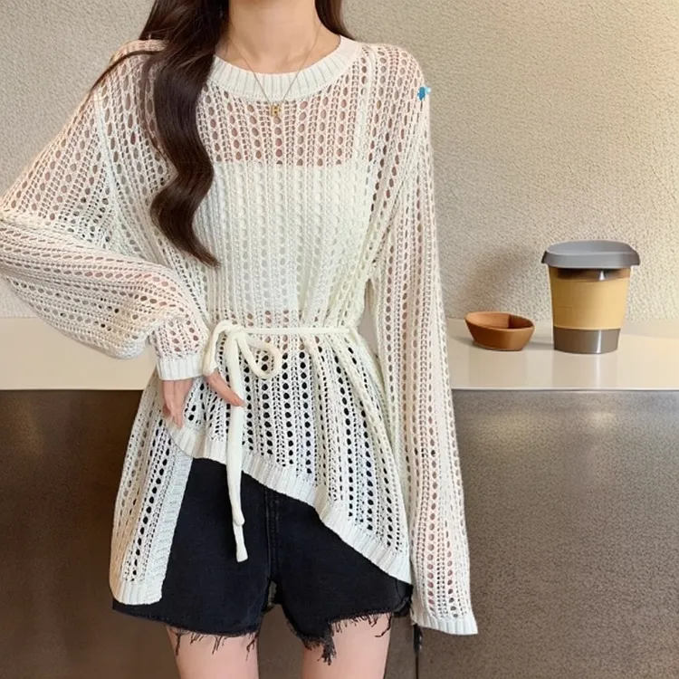 夏季薄款慵懒风空调罩衫圆领不规则钩花镂空针织衫独特漂亮小衫