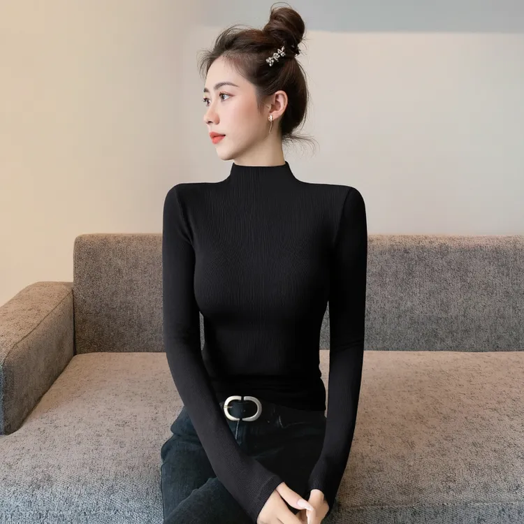 拉夏贝尔半高领黑色打底衫T恤轻奢小众高级感春秋套头衫内搭长袖