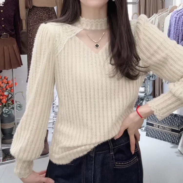 减龄法式2026新款女装长袖蕾丝长袖修身时尚镂空小衫百搭上衣