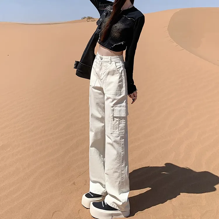 拉夏贝尔美式高街工装牛仔裤女白色设计感裤子高腰宽松百搭阔腿裤
