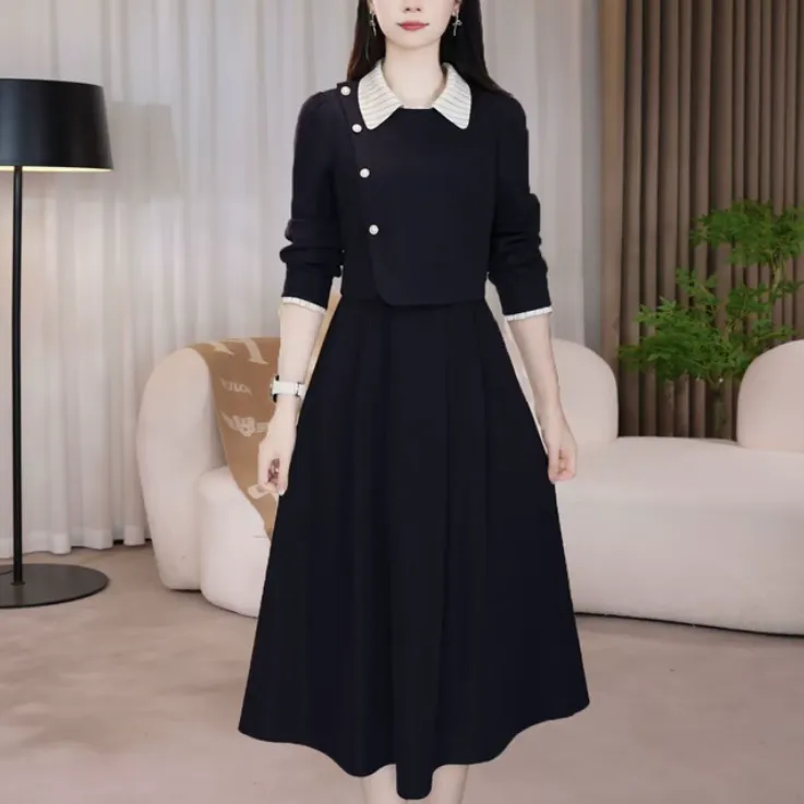 沐沐衣品收腰连衣裙小香风显瘦气质长袖时尚藏蓝色法式收腰小香风