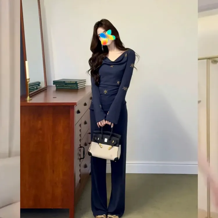 鎏光星河早秋新款长袖荡领亲肤上衣高腰阔腿长裤套装