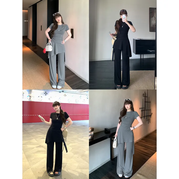 DarlingJust小野墩墩[竹竿人套装]短袖不对称斜肩上衣阔腿裤套装