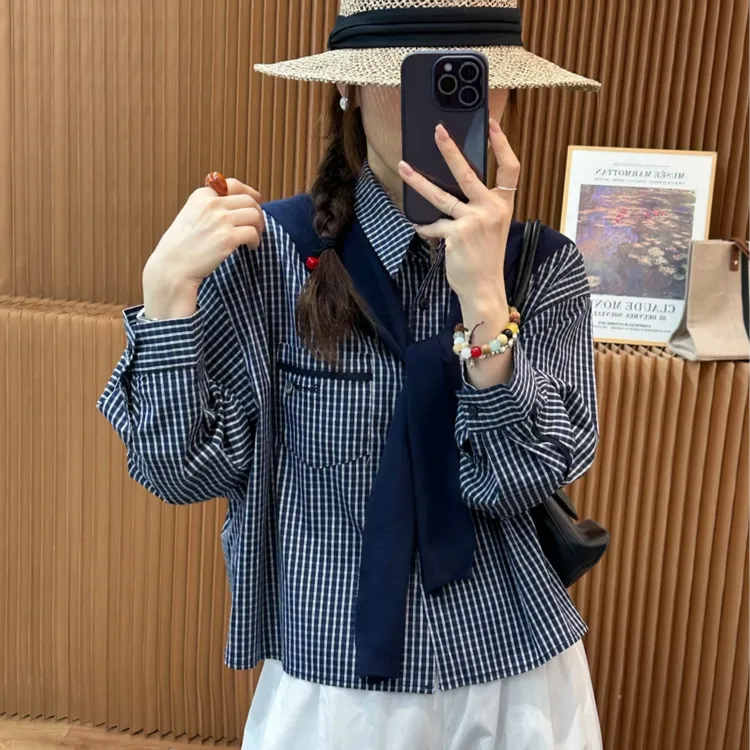 拉夏贝尔韩系披肩长袖格子衬衫女2025早秋新款洋气百搭设计感上衣