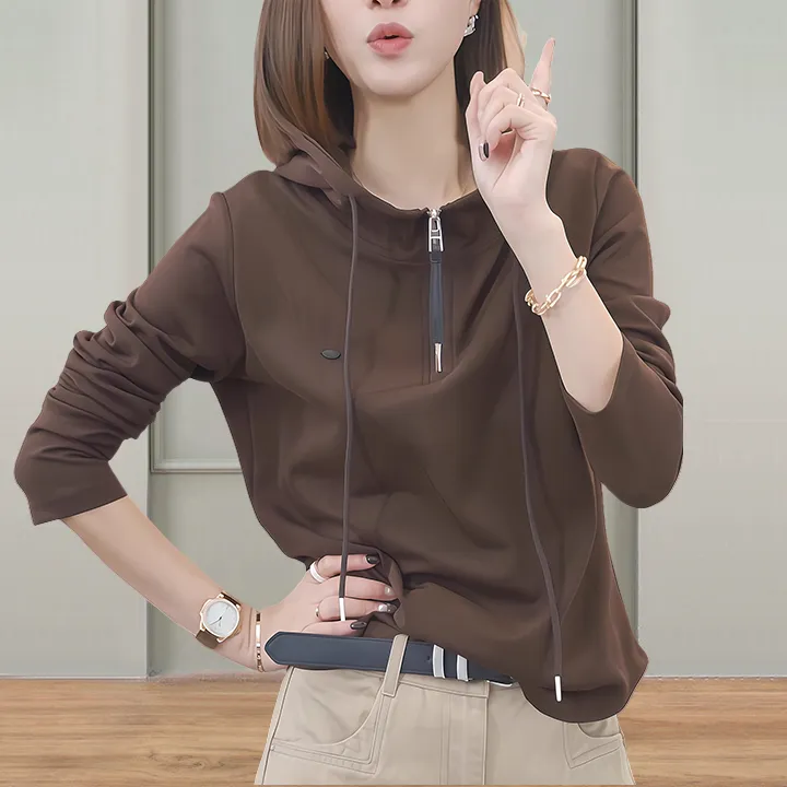 半拉链连帽长袖T恤女2025春秋新款宽松简约小众高级感打底衫上衣