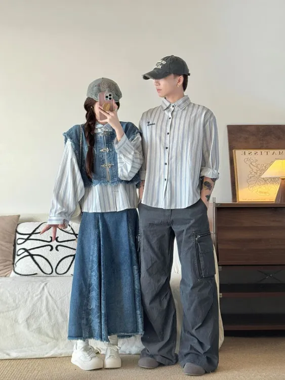情侣时尚长袖时尚套装百搭复古新中式上衣复古港风衬衫