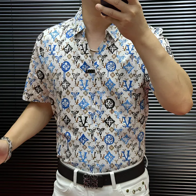 FLD甄选冰丝无缝免烫高弹力高品质男士百搭字母短袖衬衫2509307