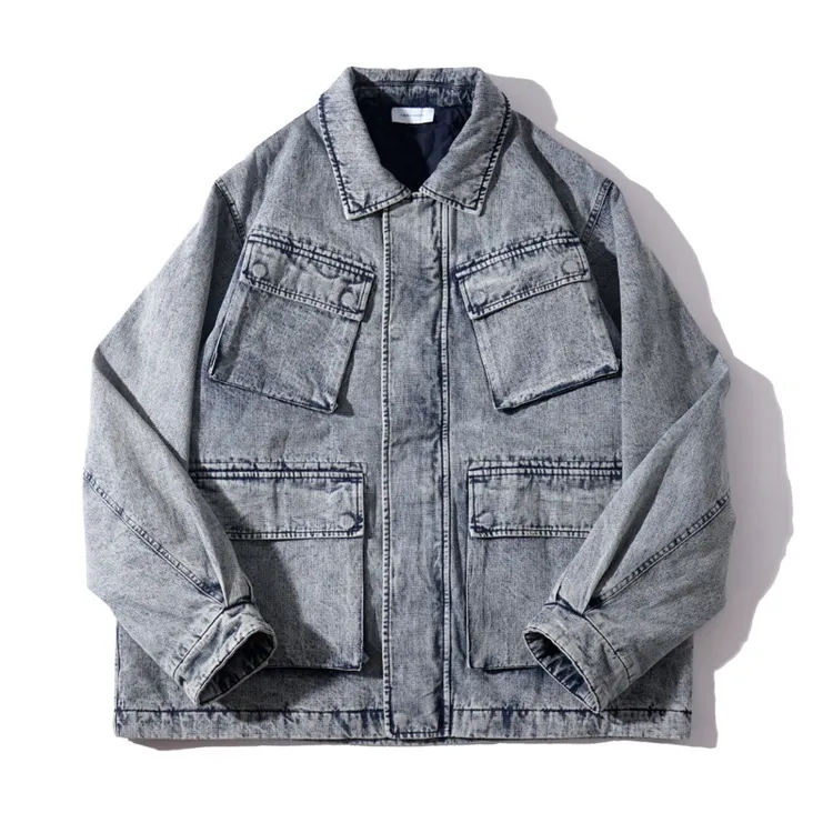 美式复古多口袋水洗牛仔外套 宽松翻领oversize工装夹克上衣 9600