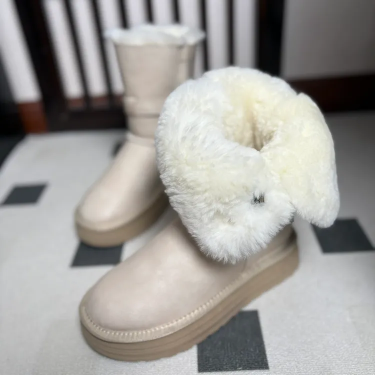 全羊毛+牛皮 中高筒时尚雪地靴保暖防滑防水厚底加厚大棉鞋雪地棉