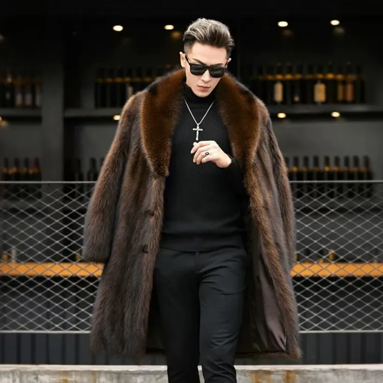 CORNUCINAT貂皮外套男士中长款整貂秋冬季新款大码加厚仿貉毛大衣