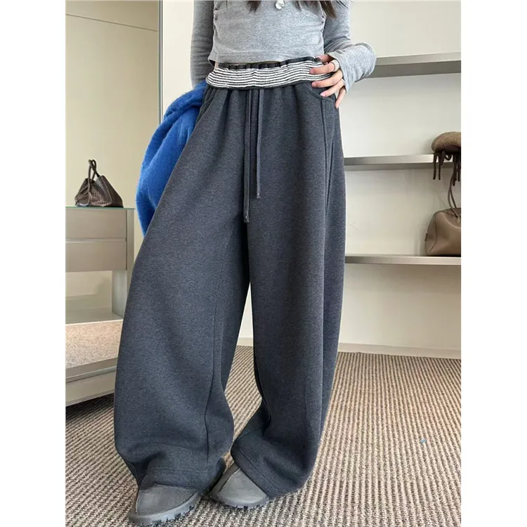 加绒加厚休闲裤女阔腿裤2025冬新款宽松高腰直筒拖地束脚弯刀长裤