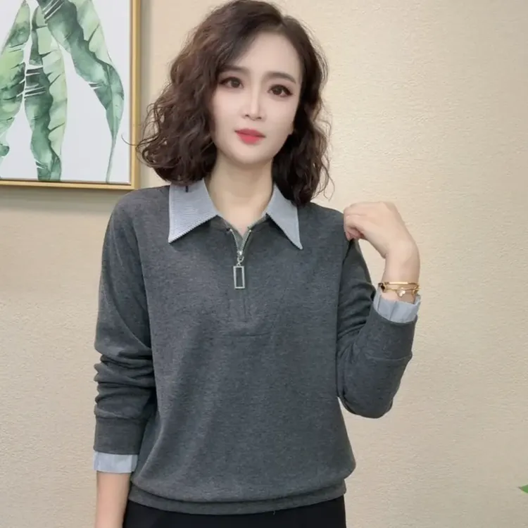 2025秋季新款休闲风长袖显瘦时尚拼接假两件翻领女士上衣#982034