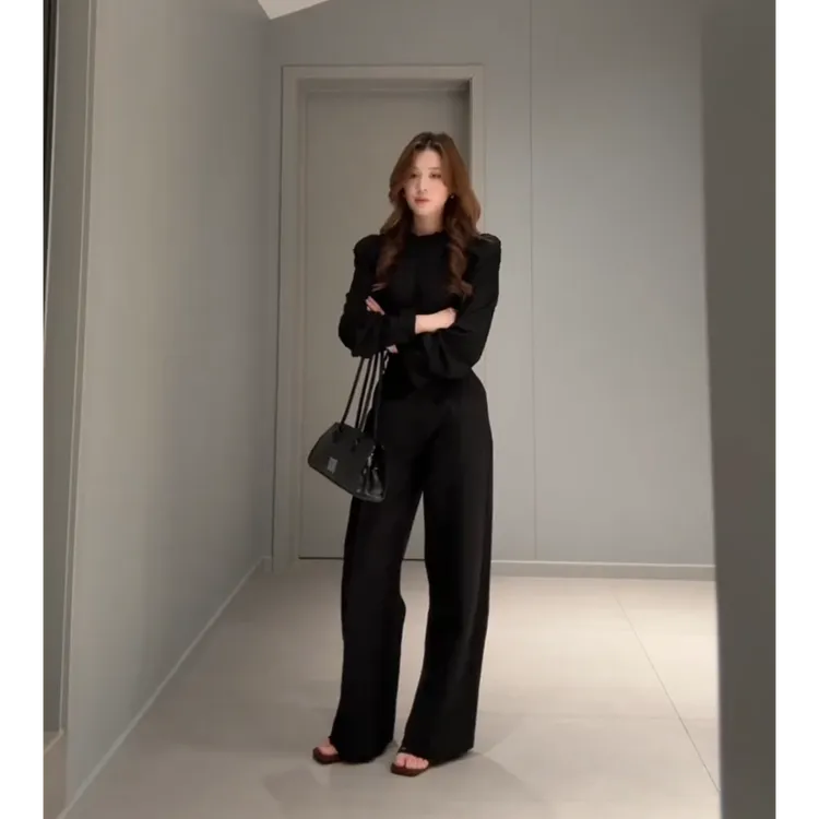 MARIE.COCO法式高级感黑色两件套女2025秋季装长袖衬衫高腰休闲裤