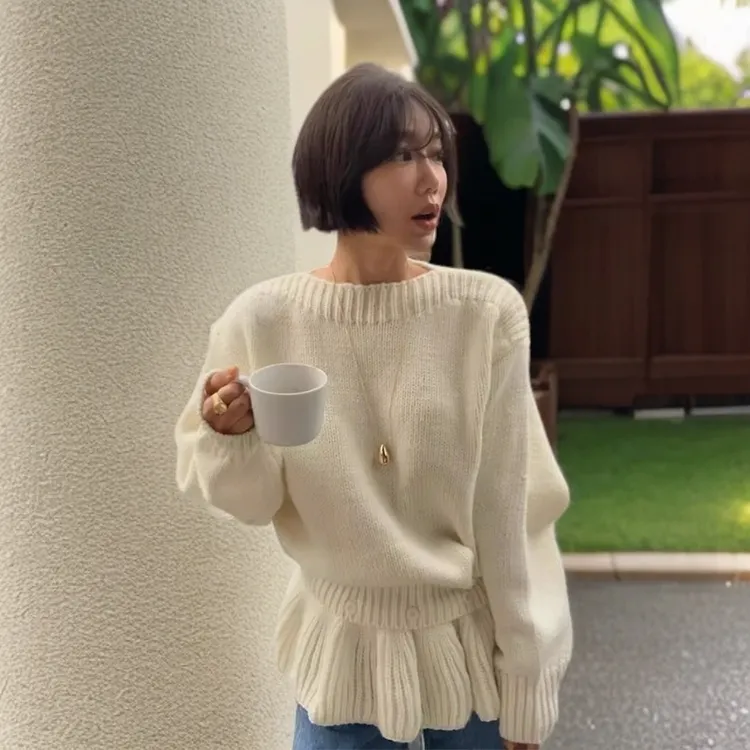韩国chic秋季小众温柔风软糯长袖针织衫毛衣女+叠穿花边裙摆套装