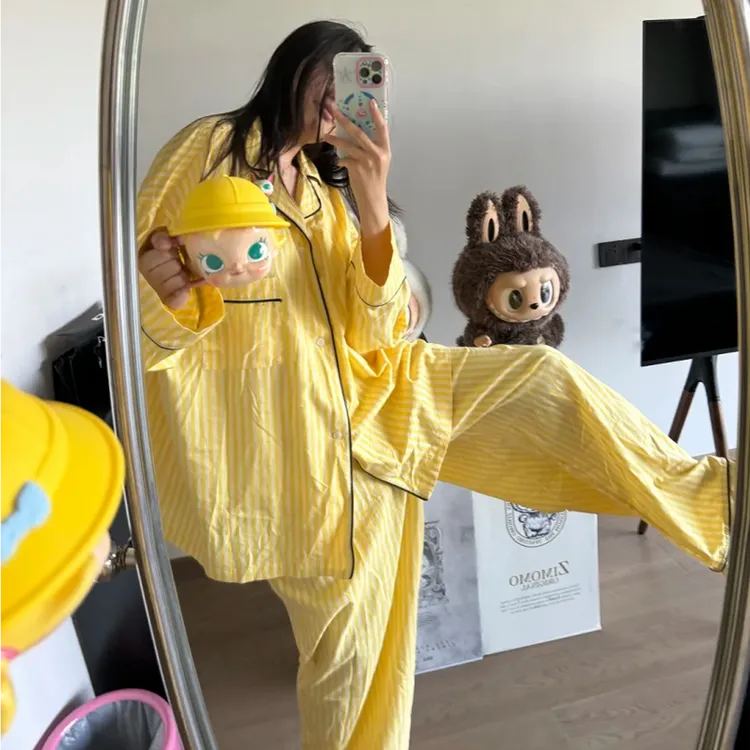 韩版简约条纹睡衣女士春秋款长袖开衫家居服黄色春季宽松显瘦套装