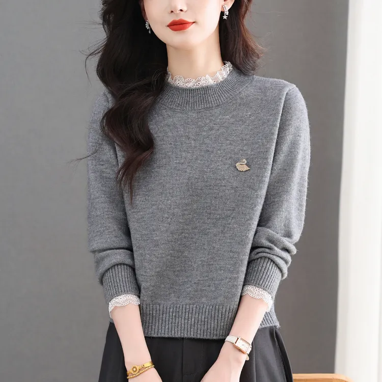 【羊毛衫】高腰短款毛衣秋冬小个子长袖针织衫漂亮蕾丝衫女士上衣