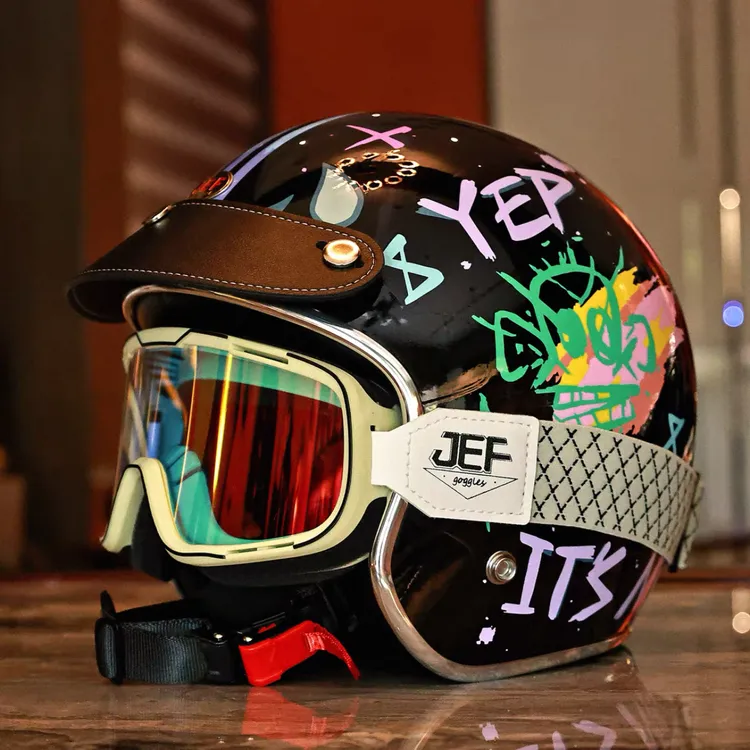 JEF金克斯涂鸦复古男女四季通用摩托车3/4复古巡航踏板机车盔