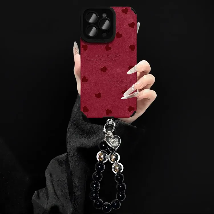 酒红爱心适用苹果17手机壳新款华为VIVO翻毛皮小米15秋冬OPPO防摔