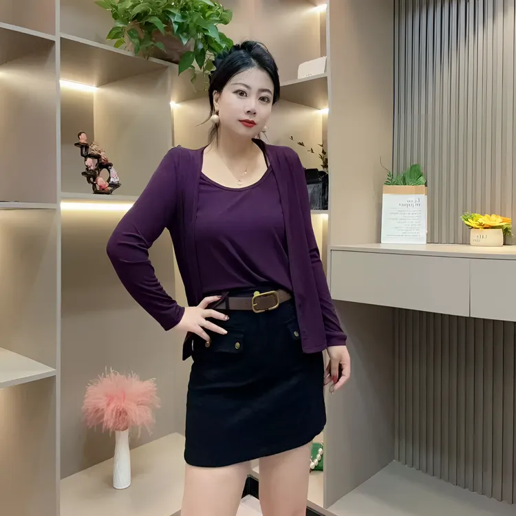 秋季上衣-千 25705秋季大码时尚显瘦U型领气质百搭纯色假两件上衣
