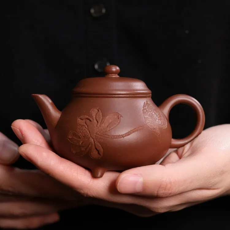 原矿底槽清紫砂茶壶名人雕刻作品约120CC手工作品茶具家用中式