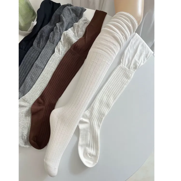 美拉德咖啡棕过膝袜女春秋薄款棉袜竖条纹拼女竖条纹弹力中筒袜