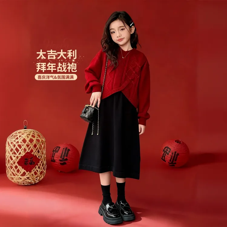 新年衣服女童套装冬装韩系红色毛衣女大童国风上衣儿童裙子两件套