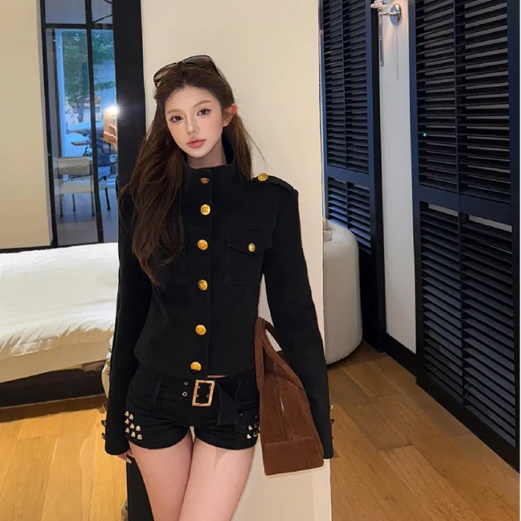 美式复古立领短外套女秋季高级感气质宽松短款夹克上衣辣妹短裤