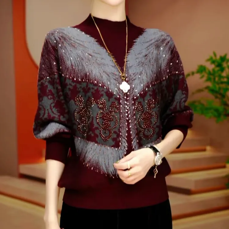 冬季上新时尚显瘦打底妈妈衫针织上档次减龄撞色显瘦款毛衣保暖衫