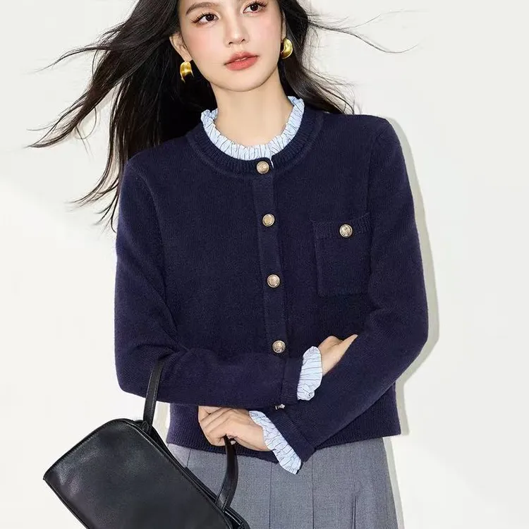 哥弟阿玛施正品新款女装假两件衬衫领显瘦毛衣设计感拼接开衫上衣