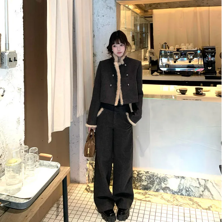 气质名媛小香风套装2025秋季百搭型显瘦短款毛领边外套长裤两件套