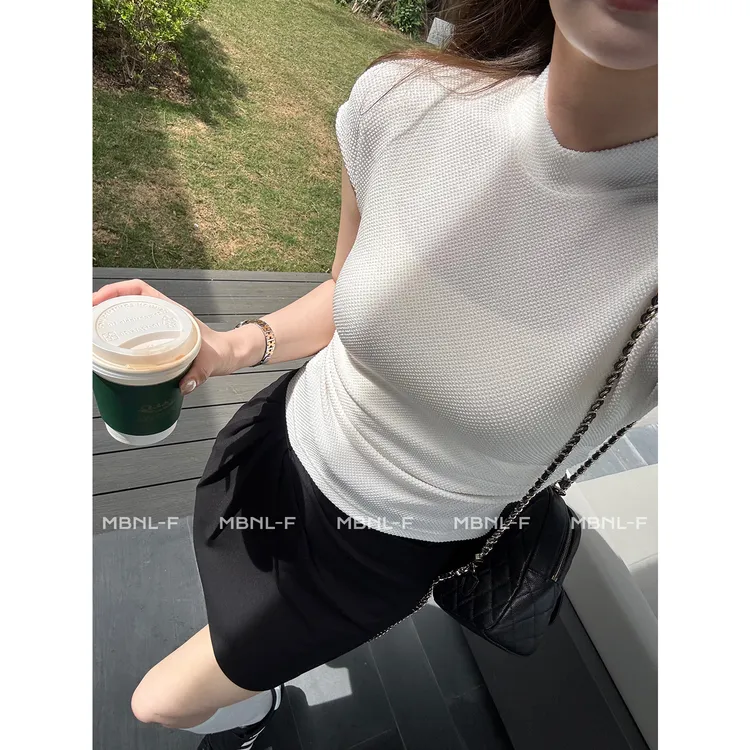 MBNL-F“醋酸小飞袖” 极简高定鱼鳞纹收腰显瘦T恤女 秦磊JN-SY1621