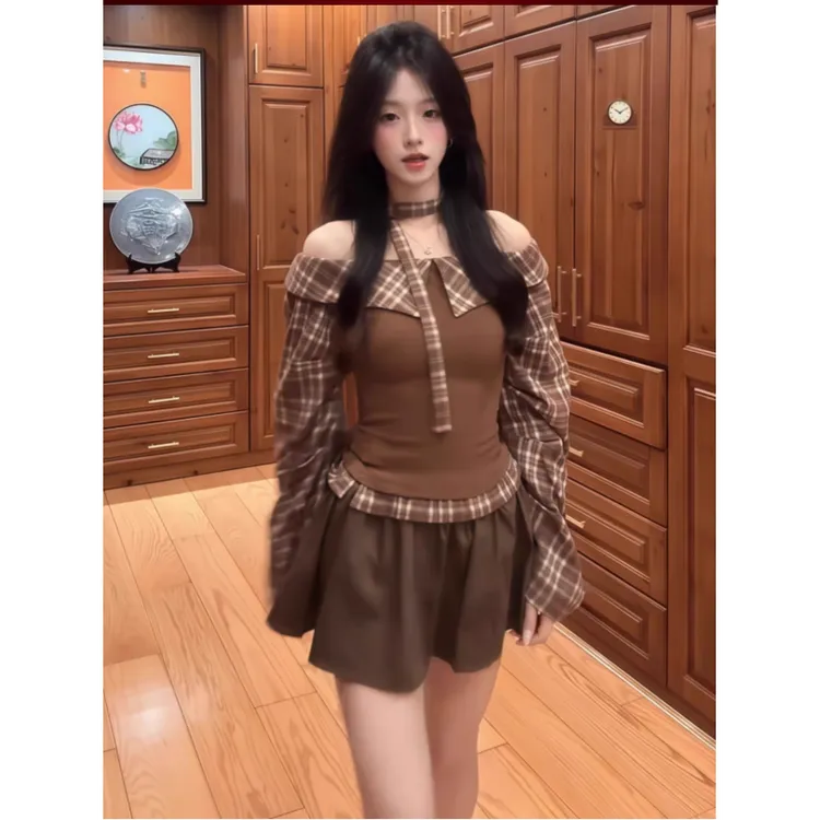 飘带一字肩长袖上衣秋季格子拼接设计修身韩系T恤女高腰短裙套装