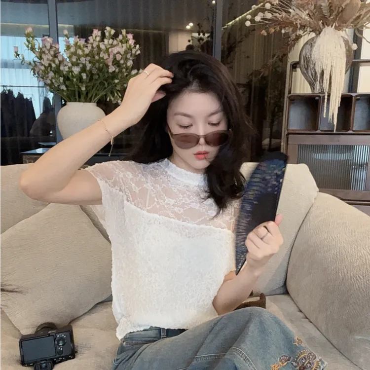 【悦悦专属】法式半高领蕾丝网纱短袖T恤Y423