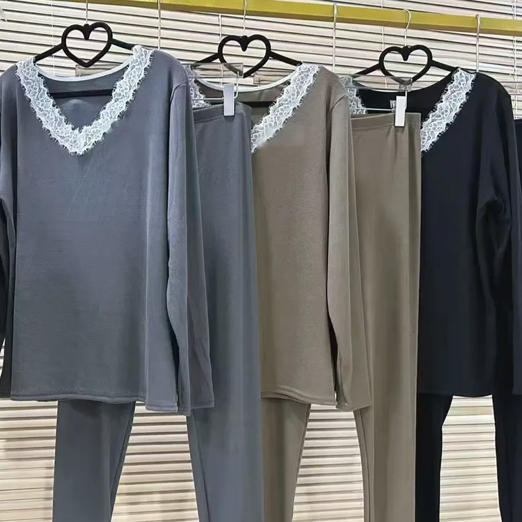 V领蕾丝双面螺纹薄绒保暖套装秋冬季秋衣秋裤家居服套装
