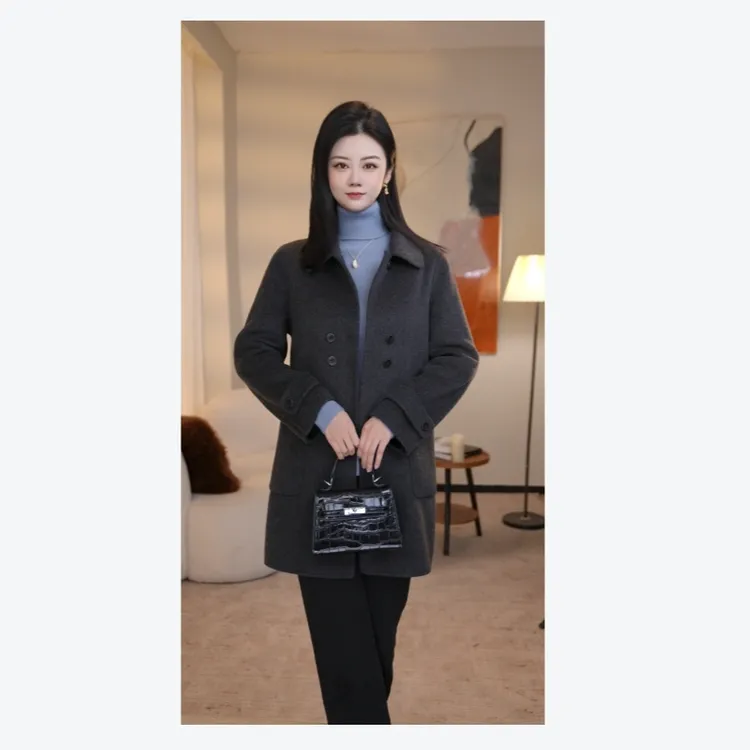 【南桥甄选】曼贝秋冬新款高端百搭长袖双面羊绒大衣8584418深灰色