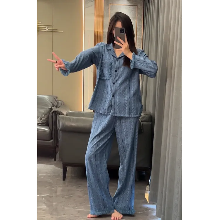 秋季小香风透气复古蓝色休闲家居套装