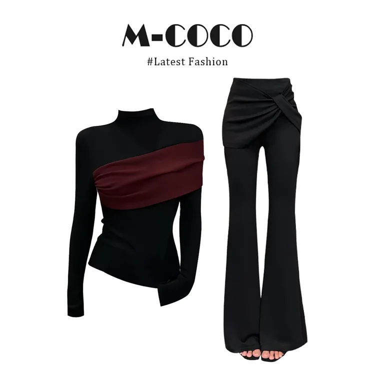 INS CEC气质洋气撞色拼接不规则打底衫套头上衣喇叭裤显瘦套装