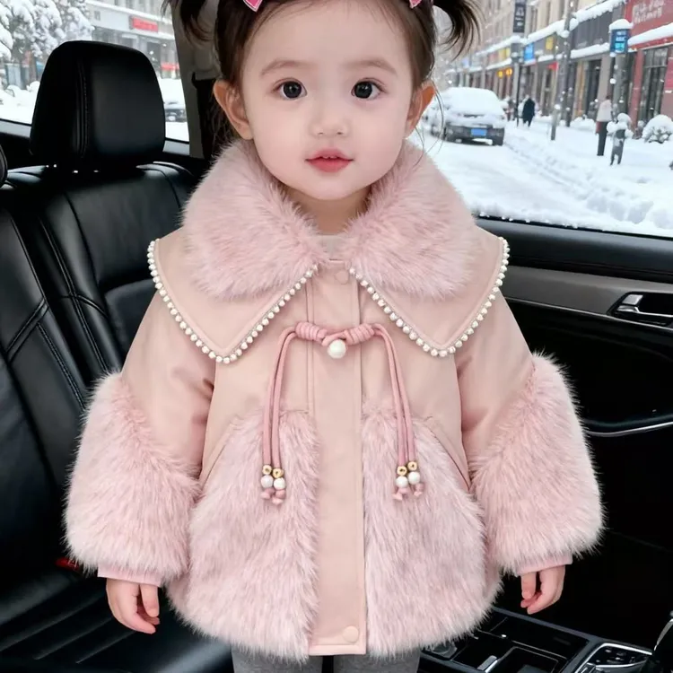 2025新款秋冬冬季中国风纯色普通外套pu皮毛领保暖女童加厚洋气潮