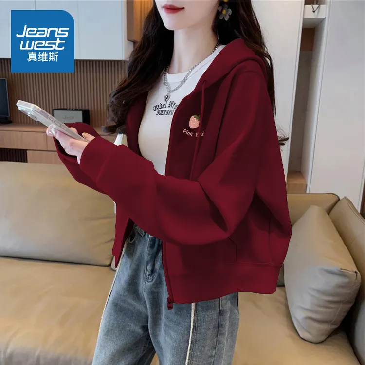 真维斯外套女春秋薄款2025新款学生酒红连帽拉链开衫今年流行卫衣