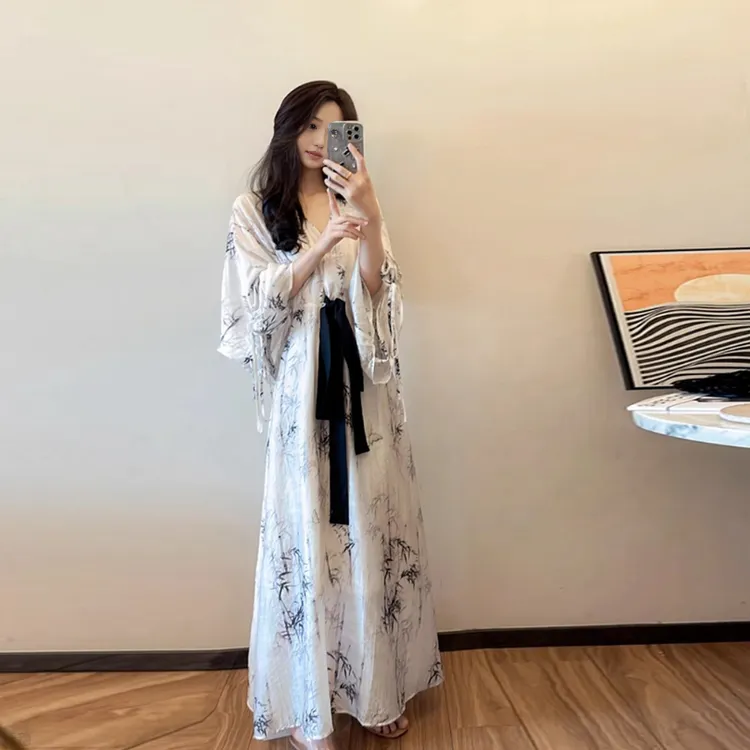 新中式仿苎麻国风创意汉服裙子收腰系带连衣裙佛系禅意度假长裙子